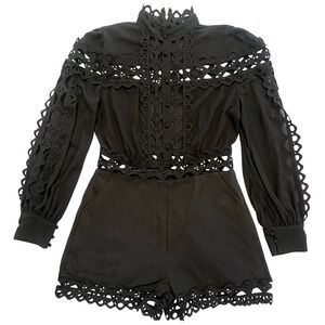 Black‎ Lace Cutout Gothic Victorian Baroque Long Sleeve Shortall Romper Size M/L